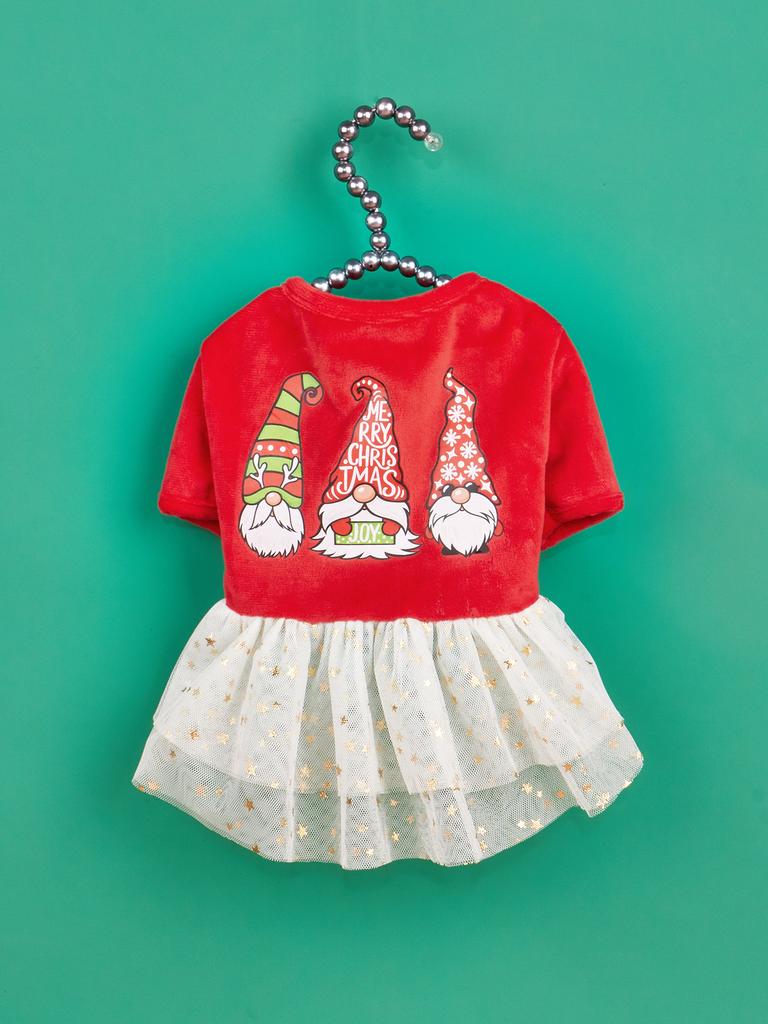 Dog Christmas Dresses Dwarf Printed Puppy Clothes with Tulle and Stars Costume Dog Xmas Party Outfit for Dog Cats for Winter H