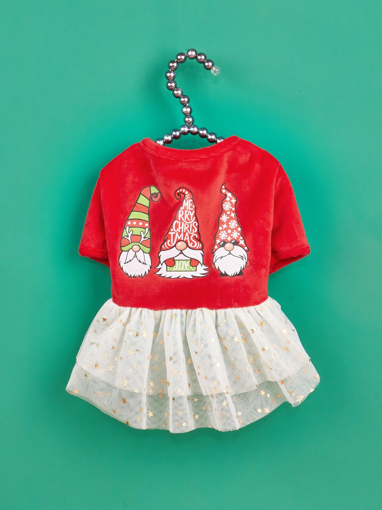 

Dog Christmas Dresses Dwarf Printed Puppy Clothes with Tulle and Stars Costume Dog Xmas Party Outfit for Dog Cats for Winter H XS（old）