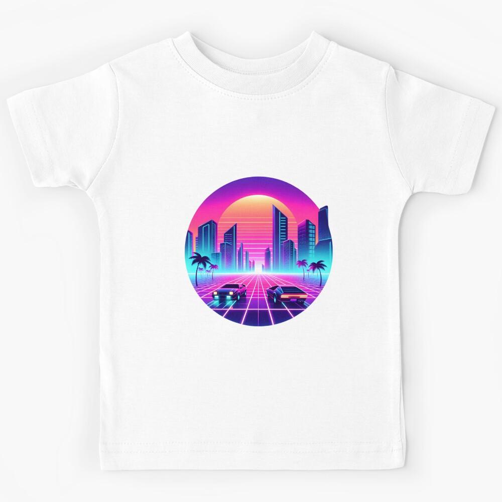 Retro Futuristic Neon Cityscape with Classic Cars Kids T-Shirt 110
