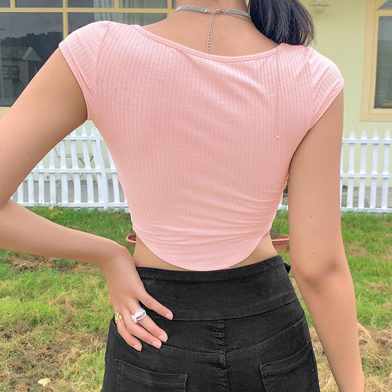 2024 European & American Fashion Women's U-Neck Short-Sleeve Slim-Fit Solid Crop Top T-Shirt