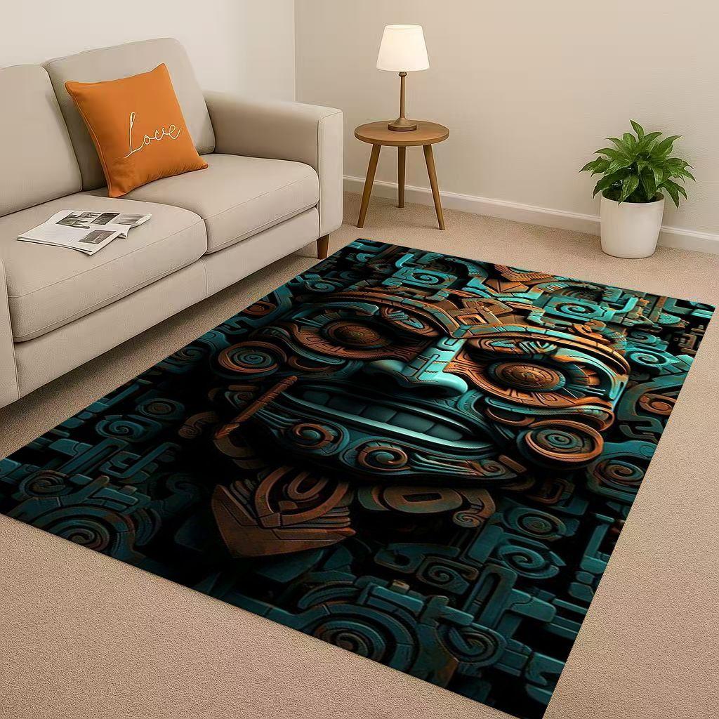 3D Ancient Aztec Totem Maya Mask Sun God Living Room Non-Slip Area Rug Soft Carpet for Bedroom Sofa , Easy Clean Home Doormat