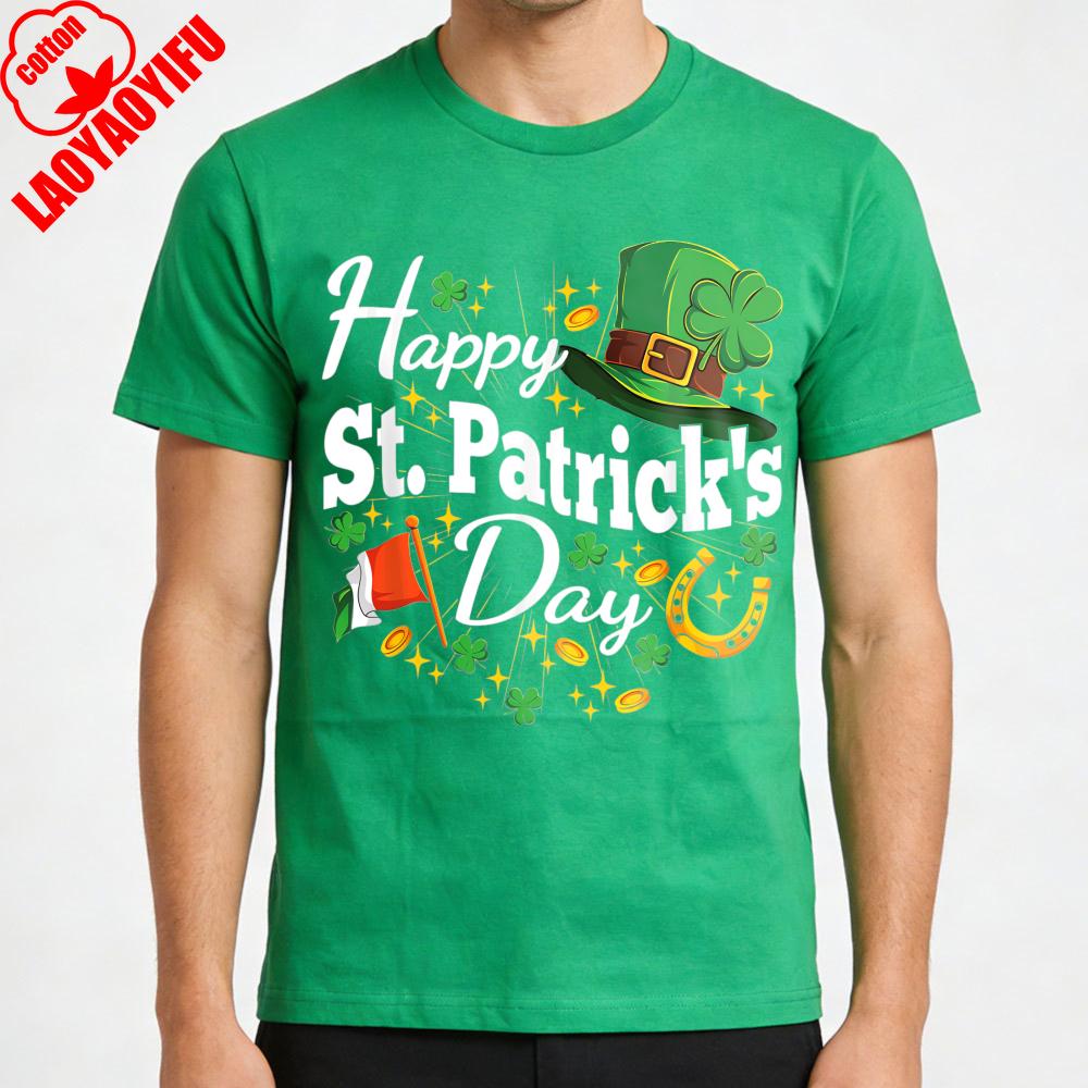 Happy St Patricks Day Irish Hat Shamrocks Horseshoe Flag Party Gift for Him Cotton Short Sleeve Crew Neck Casual Men T Shirt
