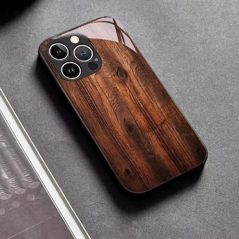 Phone Case Resin Wood Art Spliced Tempered Glass Phone Case Black for IPhone 12/13/14/15/1617/17Pro/18Pro Max Cover Hard Shell