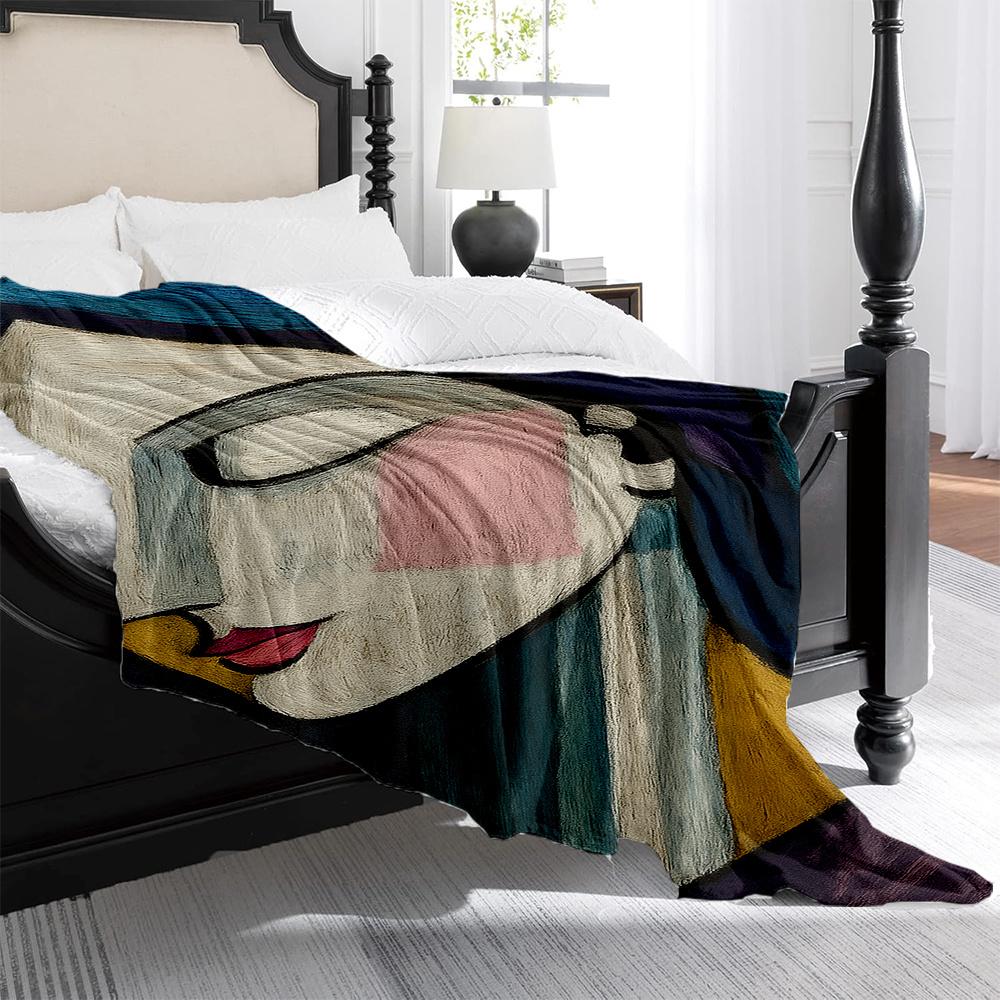 1pc Monet-Style Abstract Woman Face Print Plush Fleece Blanket - Mauve Teal/Navy Blue Golden Beige Soft Thick All-Season Luxur