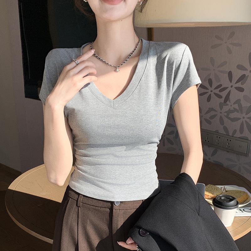Women's Slim-fit V-Neck Short Sleeve T-shirt - Summer Style Waist-Cinching, High-End Niche Fashion