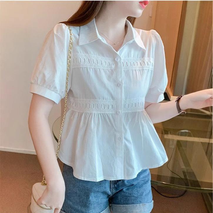 Women's Shirt Bubble Short Sleeved Shirt Shoulder T-shirt Summer Chic Shirt French Short Top
