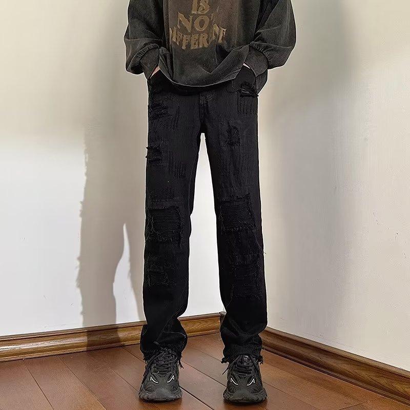 Ripped rough edge denim American vibe pants men's ins trendy versatile washed pants men's slim-fitting micro-flared pants white