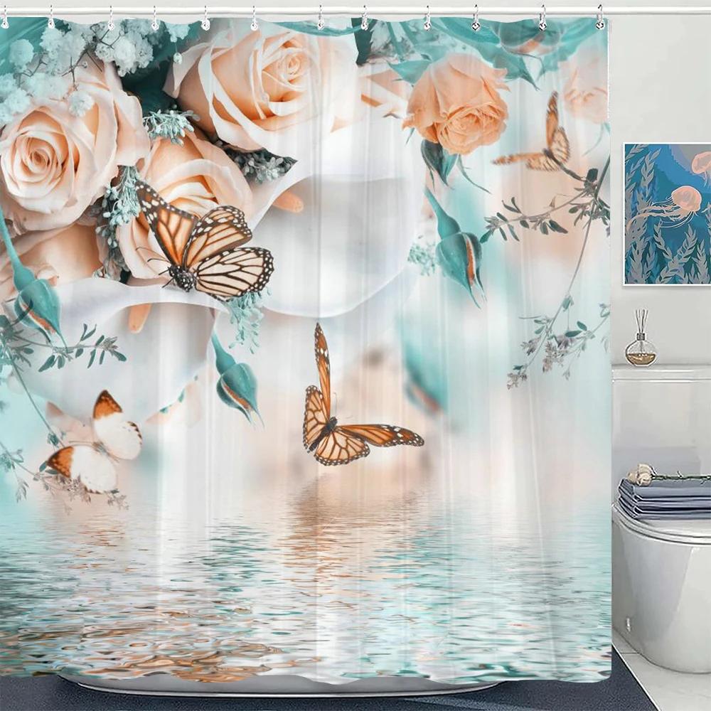 1Pcs Fresh Flowers Style Waterproof Shower Curtain, Blue Butterfly Of Flower Bathroom Decoration Curtain, With Plastic Hooks