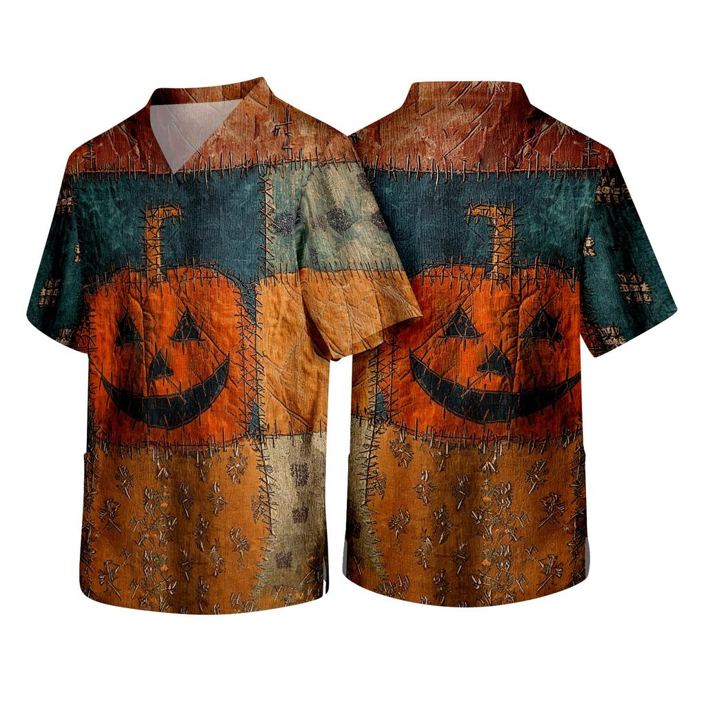 Men's Short Sleeve V-Neck Scrub Top with Chest Pocket Halloween Print for Work and Costume