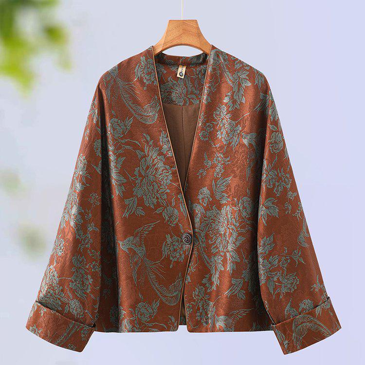 

Spring 2026 Women s Long Sleeve Floral Short Jacket - Chinese Style 4XL кавовий