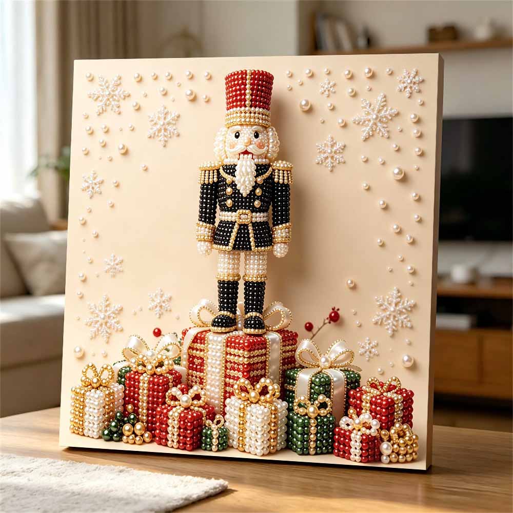 Framed Pearl Art DIY Kit with Christmas Nutcracker and Gift Boxes 3D Sparkling Bead Canvas Painting Handmade Gift for Home Decoration