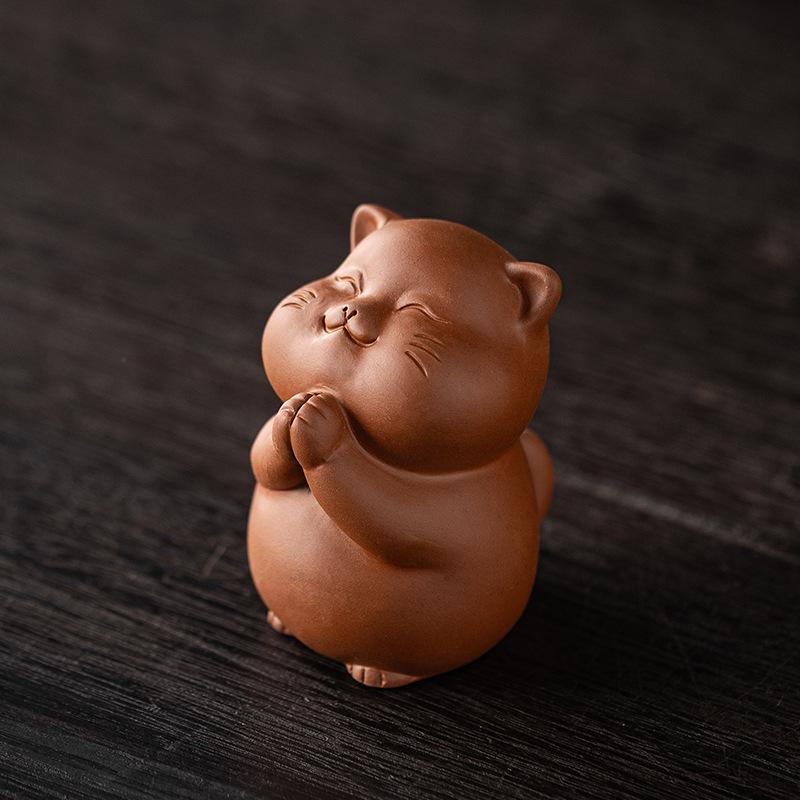 Charming Lucky Cat Purple Clay Tea Pet for Home or Office Decor