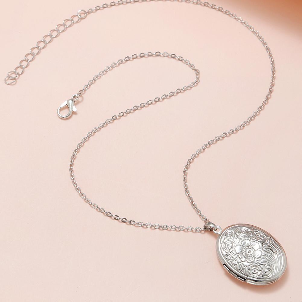 Locket Pendant Necklace Engraved Hold Photo Pendant Necklace Carved Pattern Oval Round Pendant Necklace for Women Men