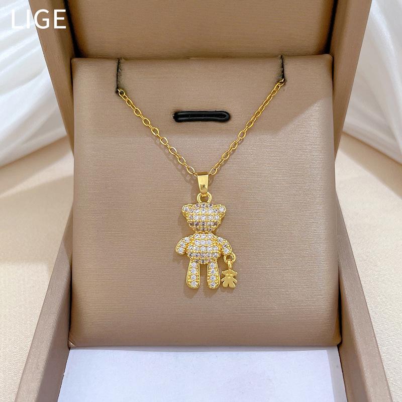 Titanium Steel, Big Bear Lead Bear Light Luxury Temperament Gorgeous Full Diamond Necklace Women'S Versatile Collarbone Chain Titanium Steel Chain