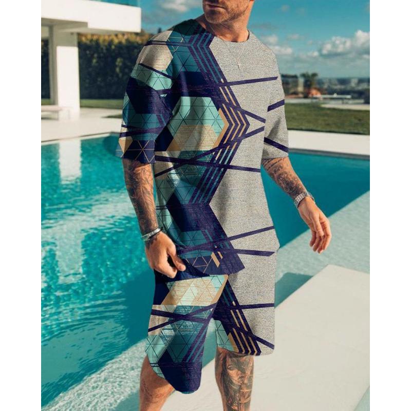 Summer New Men's Suit 3D Printig Geometric Patterns Short Sleeve  Shirt Shorts Suit Fashion Shirt Men's Two Piece Set Streetwear