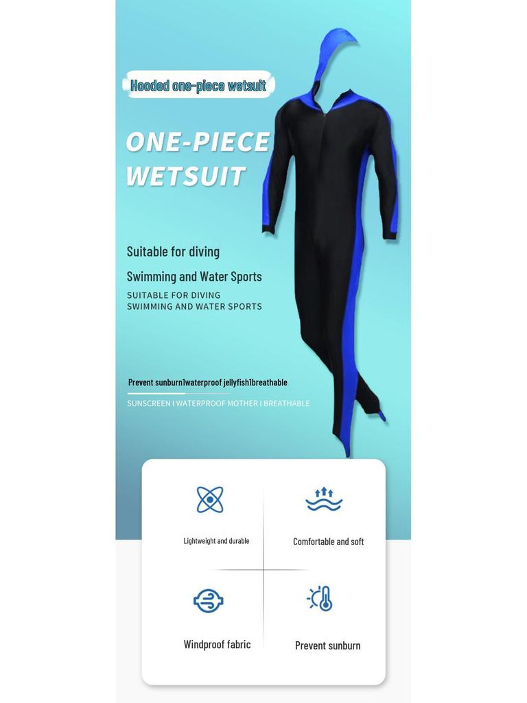 Unisex jednodílné plavky s kapucí a dlouhým rukávem na šnorchlování s UV ochranou