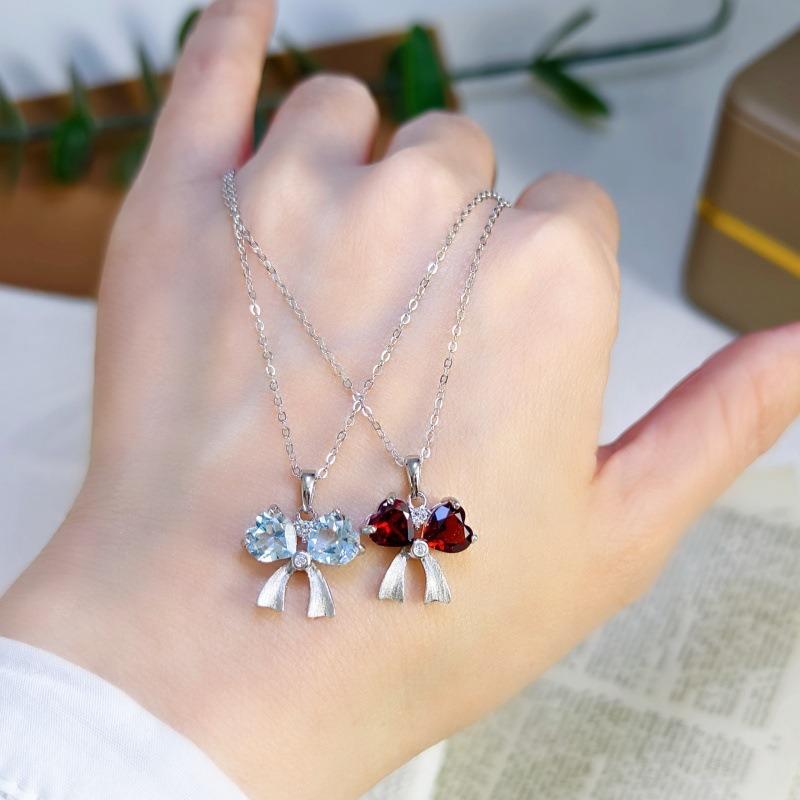 S925 Silver Bowknot Pendant Necklace with Natural Crystal, Love Heart Design