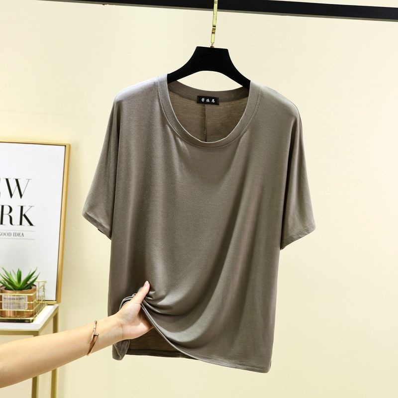 

Свободная модальная футболка Женская летняя повседневная большого размера Тонкие топы с коротким рукавом Однотонная универсальная футболка с круглым вырезом и рукавом до локтя Базовая футболка Gray Green 2XL (70.00 kg-85.00 kg recommended