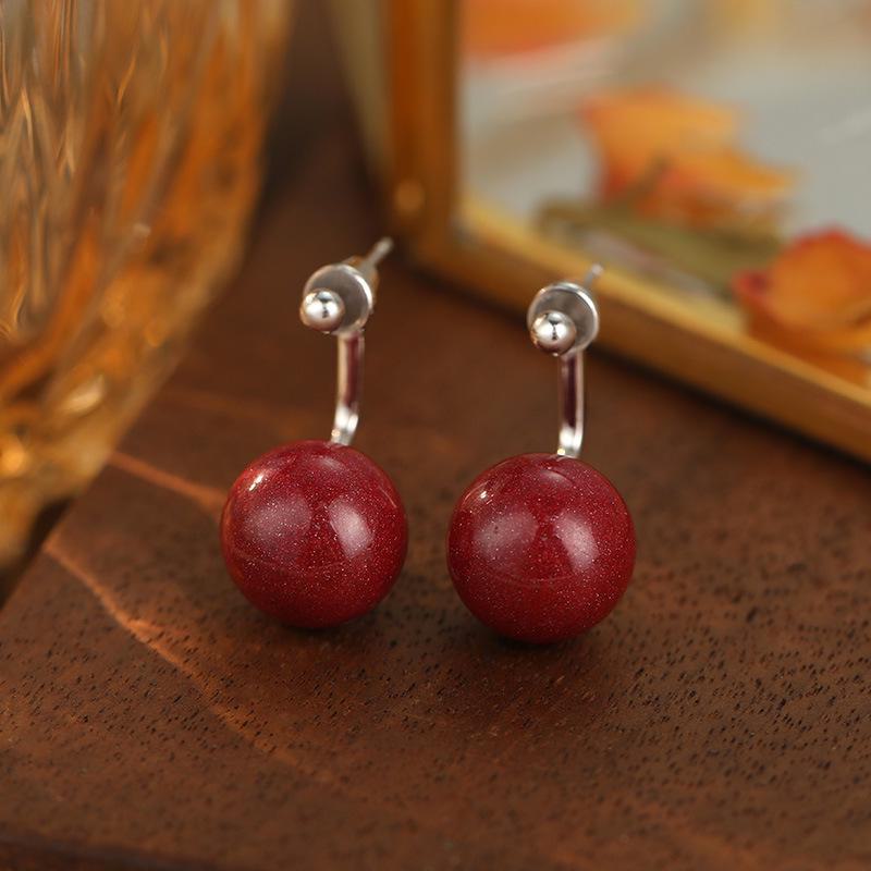 Banyan Tree S925 Silver Natural Purple Gold Sand Cinnabar Earrings for Women – High-End Red, New Autumn/Winter 2024 Style.
