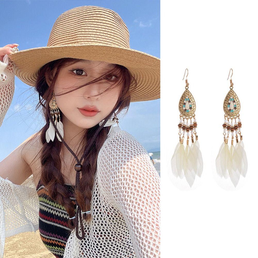 Retro Boho Long Tassel Earring Tassel Hanging Drop Earrings Ethnic Style Beaded Earring  Women