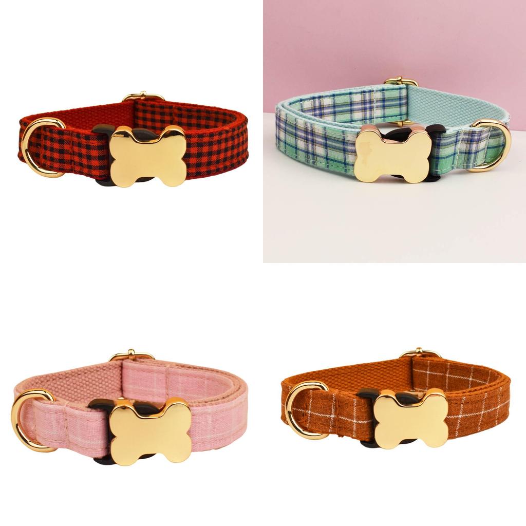 Pet Dog Collar With Grid Print Design And Bone Decor For Gift And Holiday