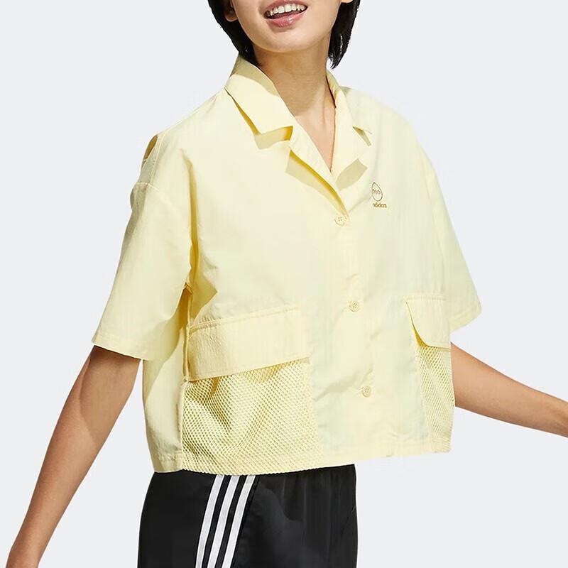 Adidas Neo Solid Color Suit Collar Casual Short Sleeve Shirt Women Shirts Yellow IB8890