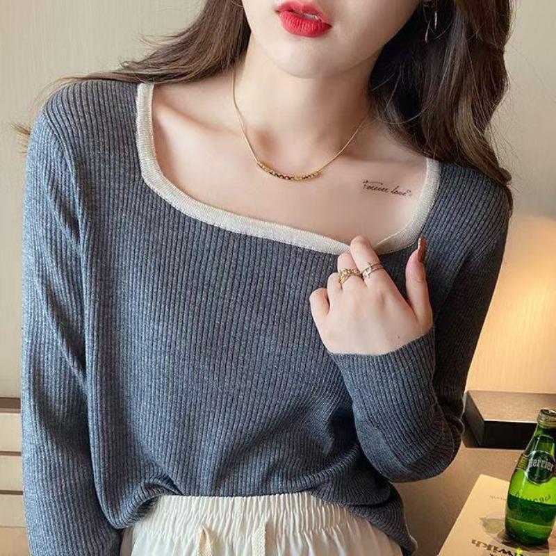 

Вязаный свитер женский весенний и осенний раннеосенний топ ретро квадратный вырез длинный рукав базовая рубашка однотонный свободный свитер внутри 2XL/130-145