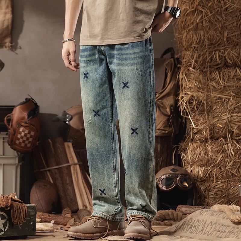 Amerikanische gewaschene Retro-blaue bestickte Jeans Herren gerade locker weit geschnittene trendige lässige Hose verlängert Frühling und Sommer