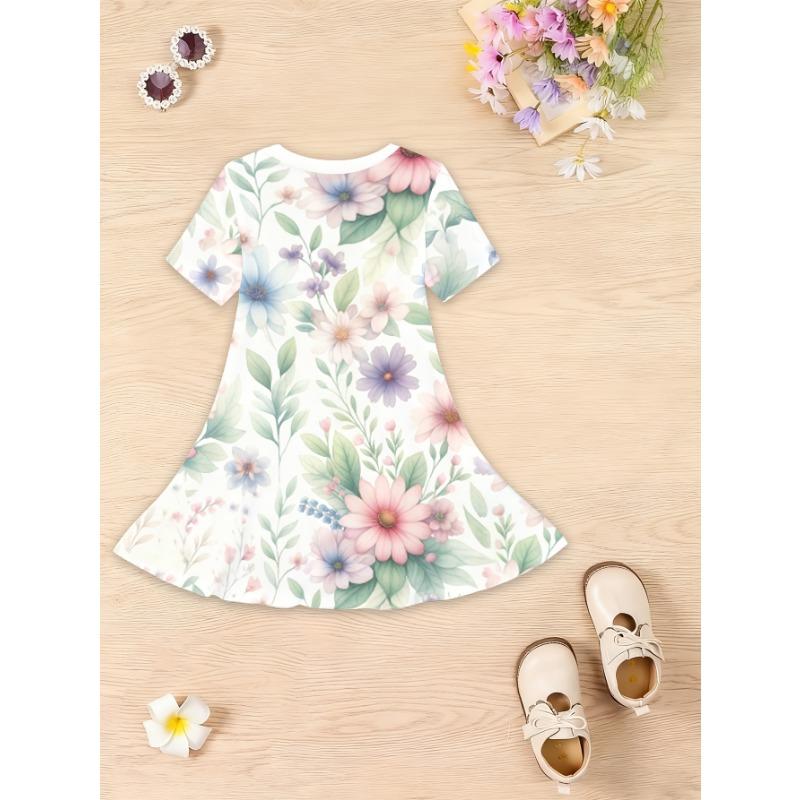 This Summer 3D Printed Short-sleeved Dress for Girls Features A Round Neck,
