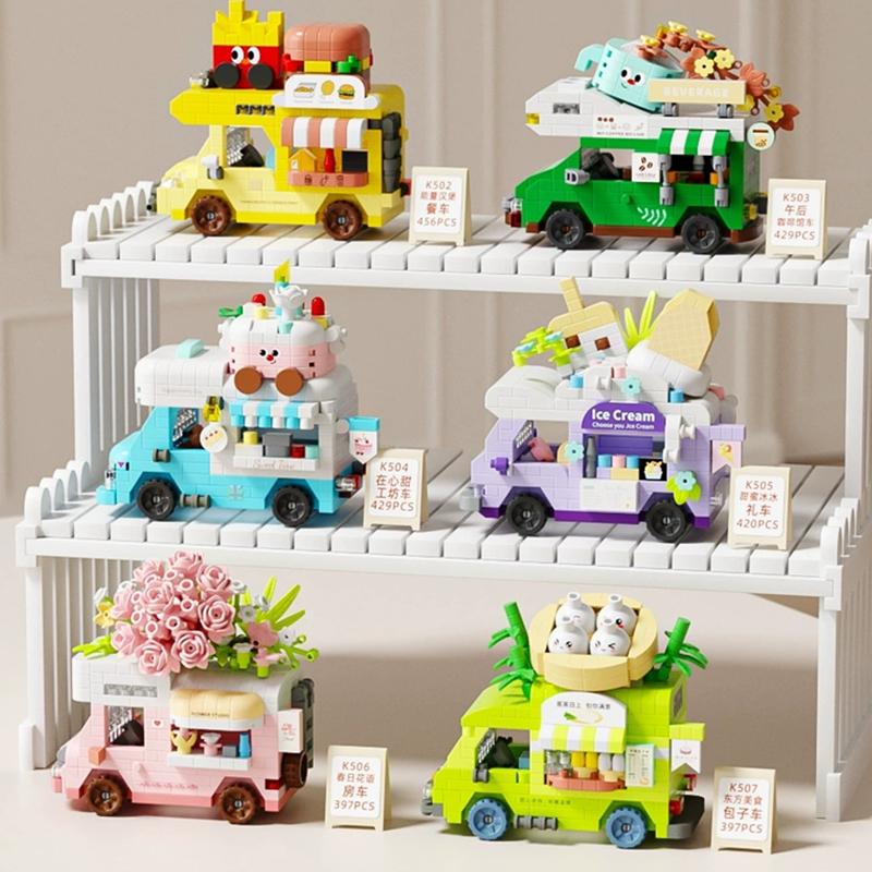 Latest Diy Coffee Car Buns Food Truck Ice Cream Store Flower Street View Construction Blocks Kit Blocks Model Plaything