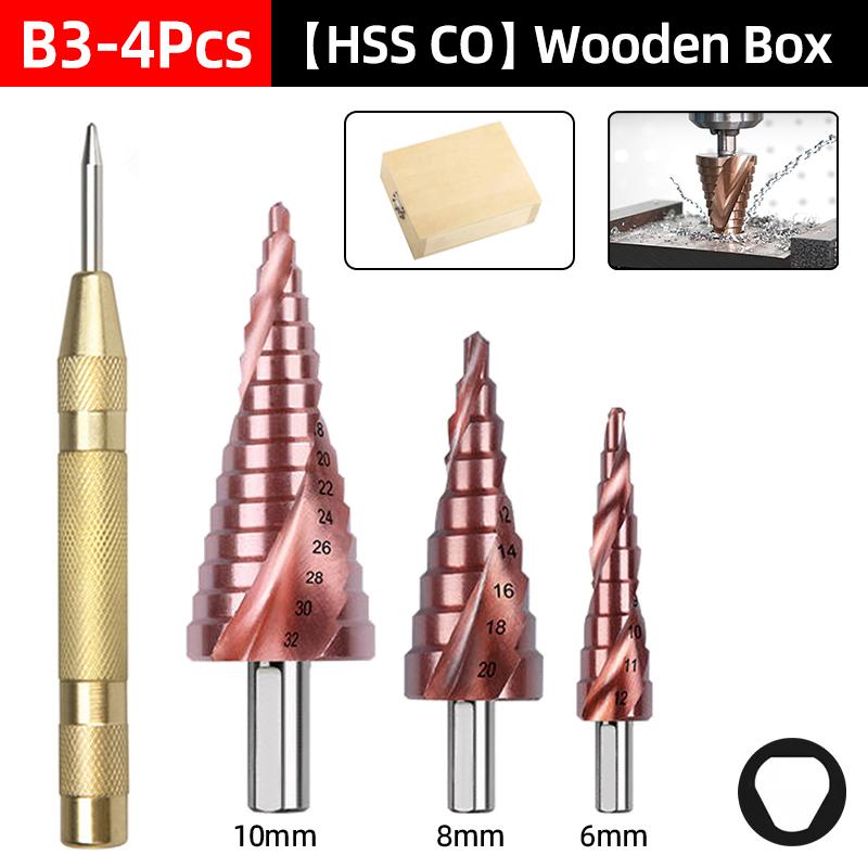 HSS-CO Cobalt Step Drill Bit For Stainless Steel Metal Wood Hole Cutter Spiral Groove Triangle Hex Shank Drilling Tools