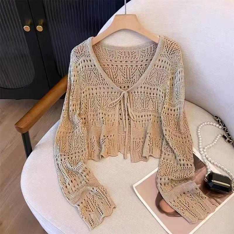 Fresh and Thin Lace-up Short Blouse Top Women's French Design Hollow Crochet Knitted Sweater