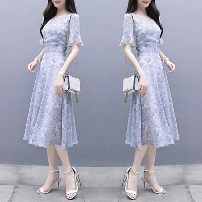 Mulheres vestido de verão flor impressão babado bainha solta a linha rendas até cinto comprimento médio da panturrilha em torno do pescoço apertado cintura alta mangas curtas senhora vestido midi