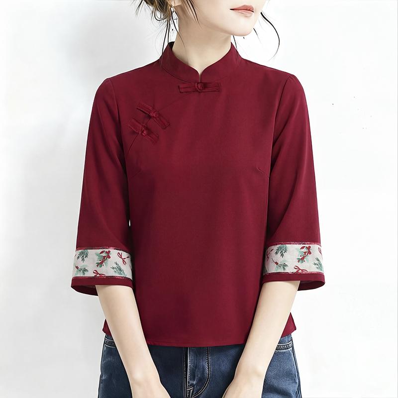 ZANZEA Women Print Splice 3/4 Sleeve Casual Stand Collar Loose Blouse M вино красного