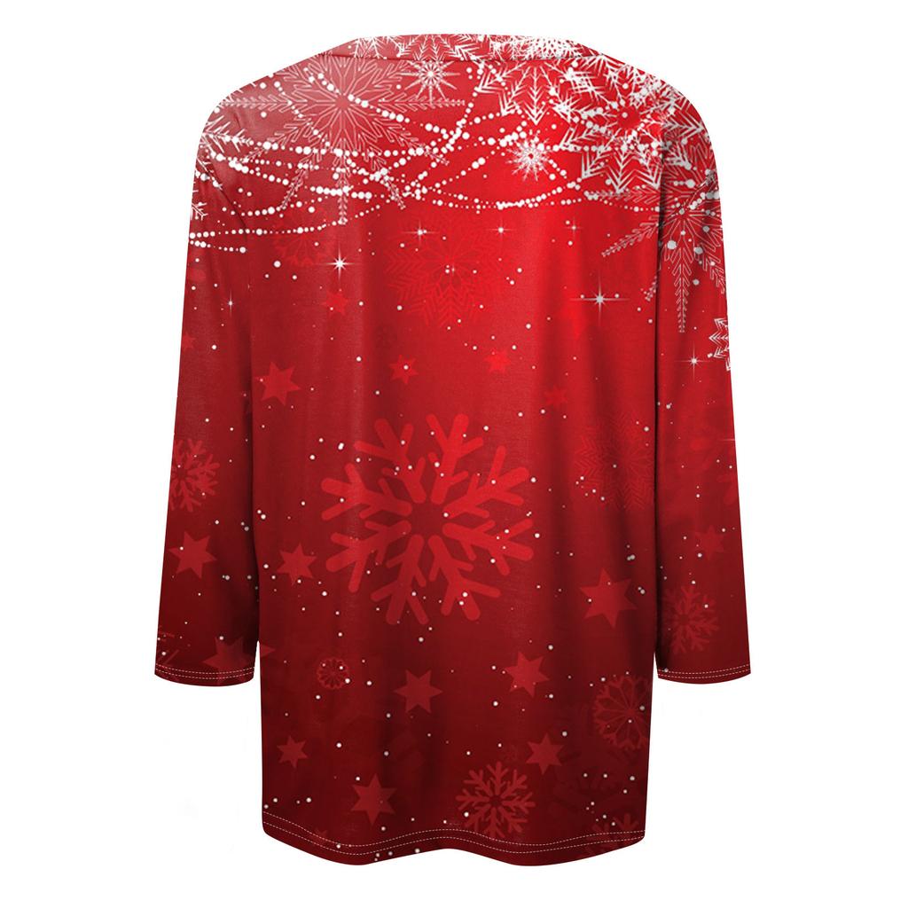 Dámský módní ležérní top se sedmirukávovým rukávem a vánočním potiskem s kulatým výstřihem