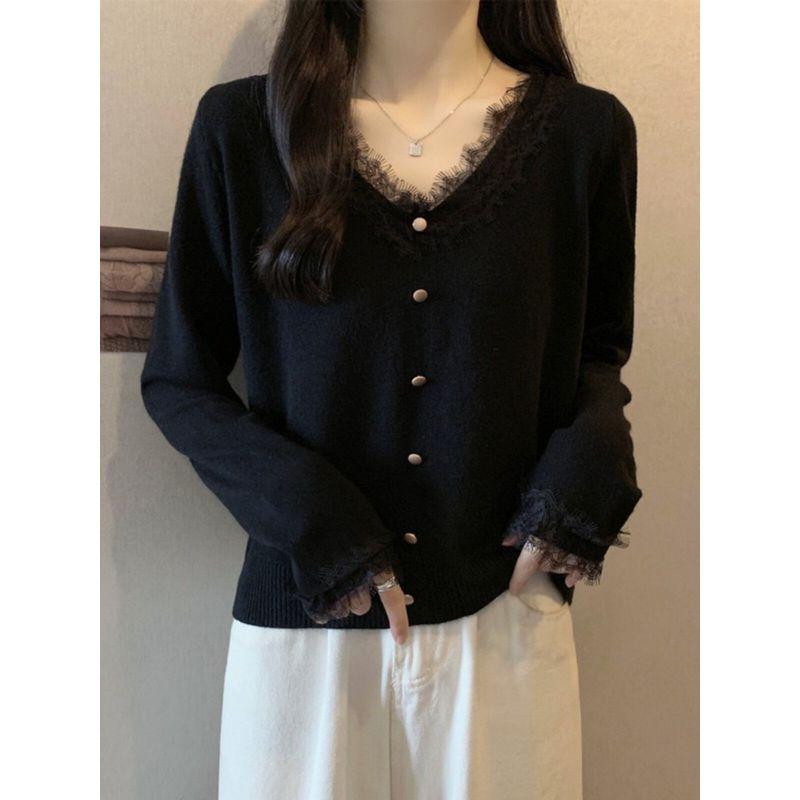 Black V-neck Fall and Winter Underwear Long Sleeved Top Lace
