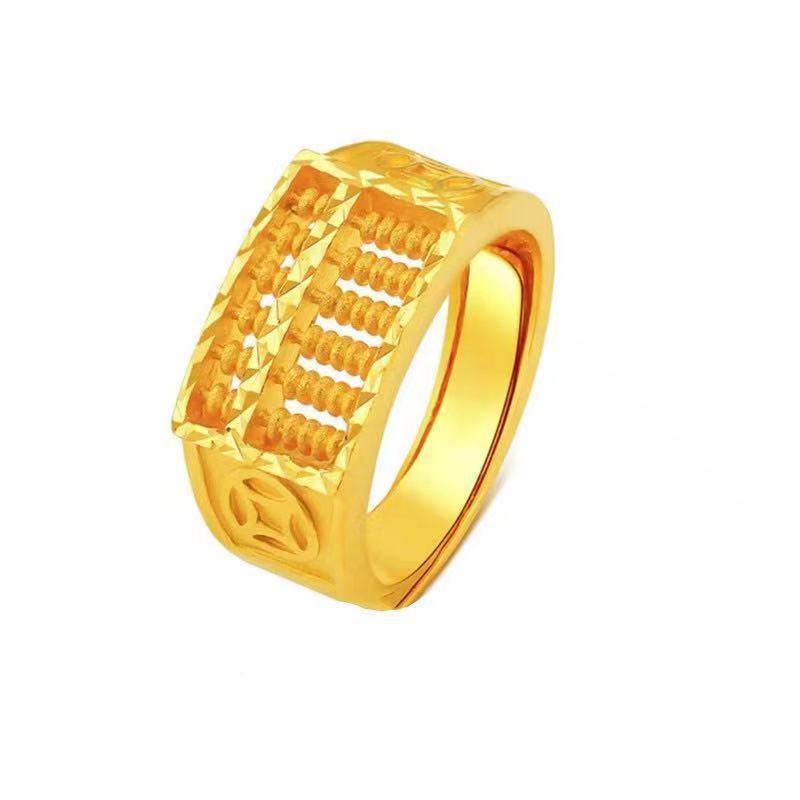 Vietnamese Sand Gold Men's Copper Gold-Plated Ring with Jade Fortune Design