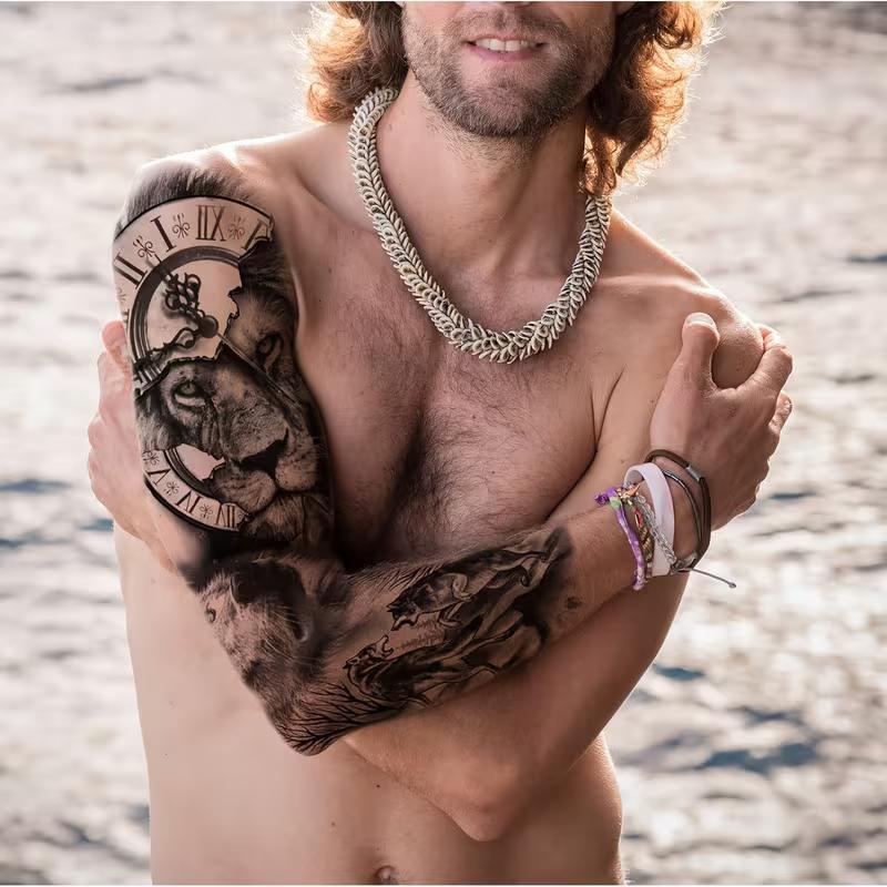 Lion & Wolf Tribal Temporary Tattoo Sleeve - 4 Sheets, Large Full Arm Fake Tattoos for Men & Women, Long-Lasting Black Body Art Stickers