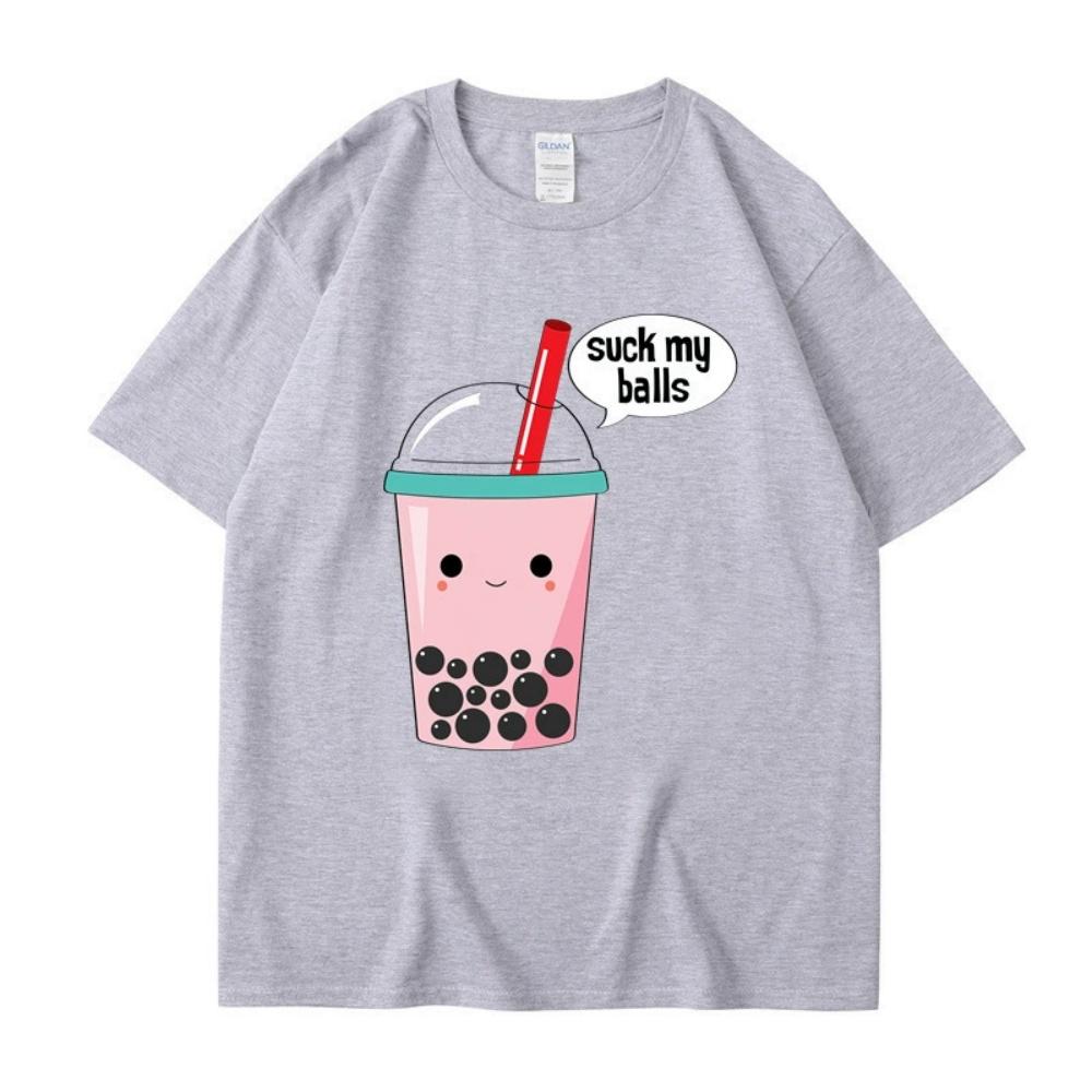 Cute Summer New Cotton Harajuku Unisexs Wounisex Top Fashion Short Sleeve Tshirt Cartoon Milk Tea Print Tops