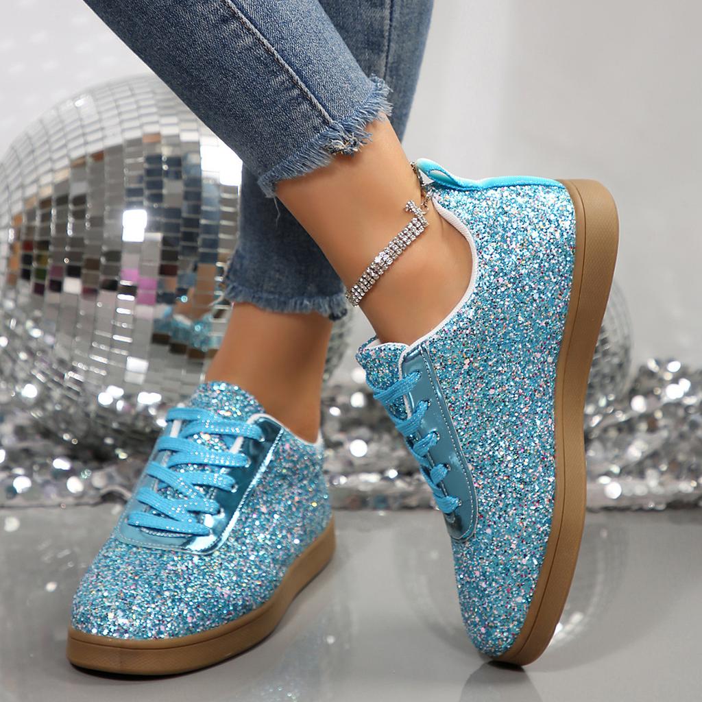 Fashion 2025 Women's Sneakers Luxury Sequined Casual Shoes Fashion Outdoor Vulcanized Shoes for Women Lace Up Flats Zapatillas De Mujer