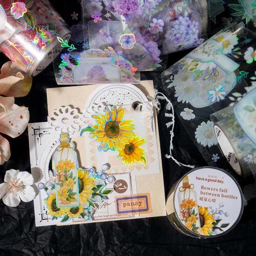 Alideco 6 Pieces Masking Tape Cute Retro INS Flower Handbook 50mm Width x 3m Roll PET Adhesive Tape Wide Width DIY Stylish Masking Sticker (huazuiping