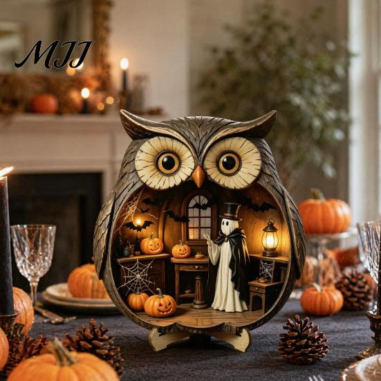 Wooden Halloween Figurine Owl Tabletop Centerpiece, 2D Flat Pumpkin Ghost Bat with Ghosts Decoration Skeleton Standing Table Sign for Party,