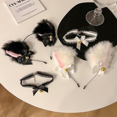NEW Cute Plush Cat Ear Headband Fashionable Cosplay Bell Cat Ear Headband Lace Bell Necklace Set Women's Party Costume Headwear