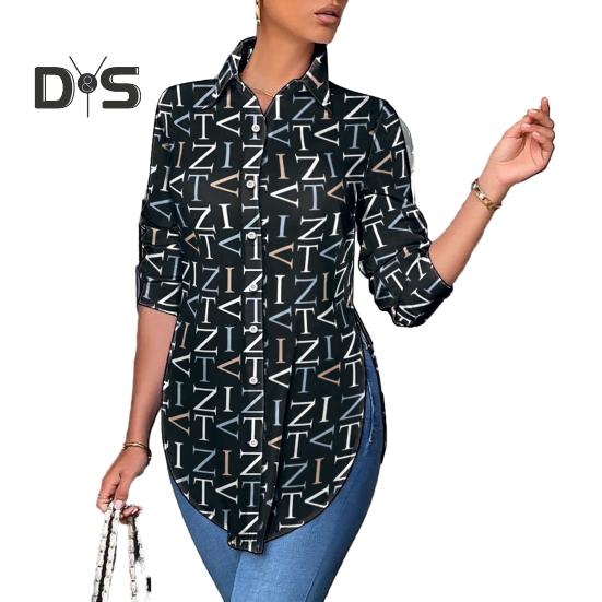 

Женская рубашка осень-весна с длинным рукавом, облегающий кардиган с лацканами, однобортный кардиган с пуговицами и принтом, блузка средней длины в стиле OL Commute S черный белый