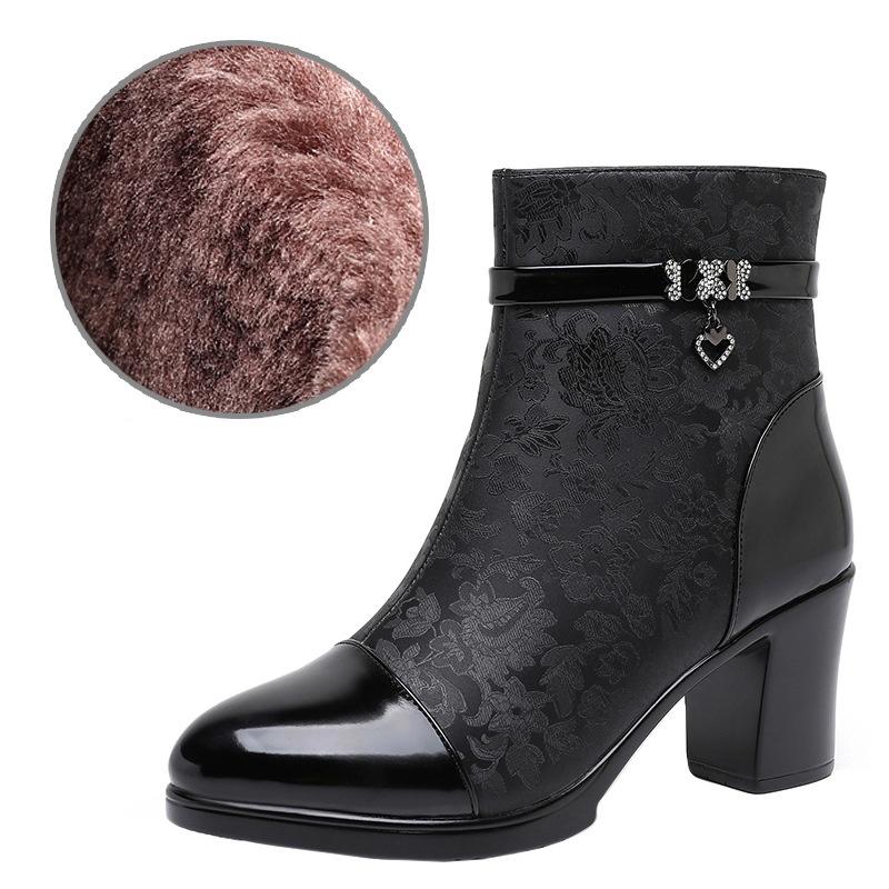

7см Маленький размер 32-43 Модные вышитые ботинки из мягкой кожи на платформе Осень Зима 2025 Средний блочный каблук Ботильоны на щиколотке с мехом 41