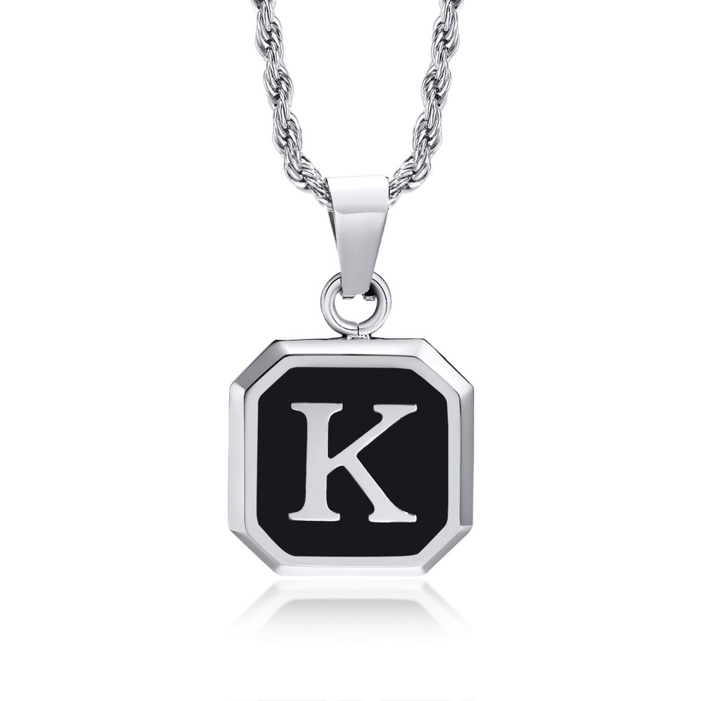 Initials Necklaces for Men Women,A-Z 26 Letters Black Square Stainless Steel Pendant Collar,45-60CM Twisted Rope Chain Gifts