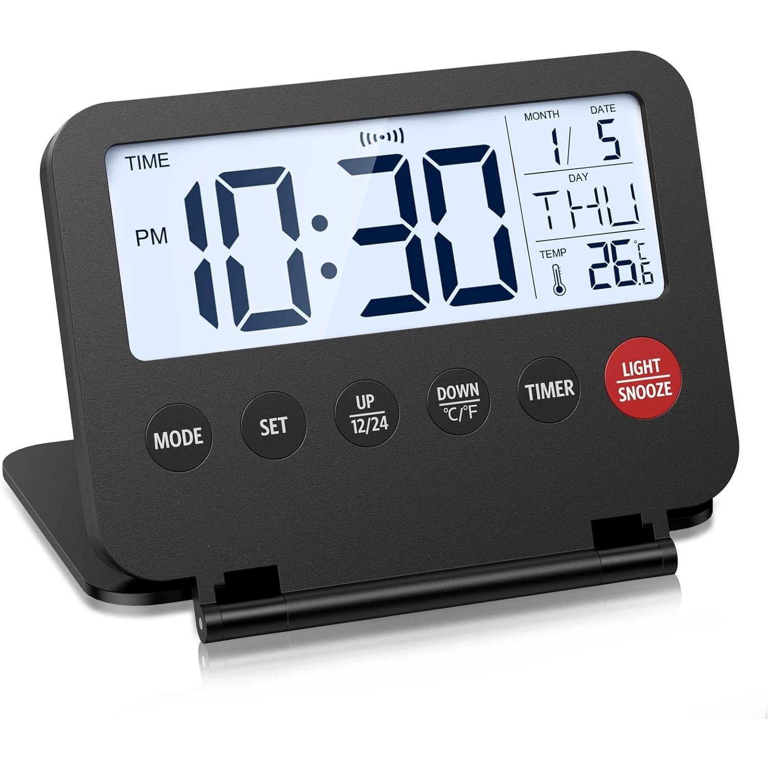 

Small Digital Travel Alarm Clock, Black, Foldable Calendar Temperature Timer LCD Desk Clock, Snooze, 9 Alarm Sounds, Backlight, AAA Battery Operated чорний
