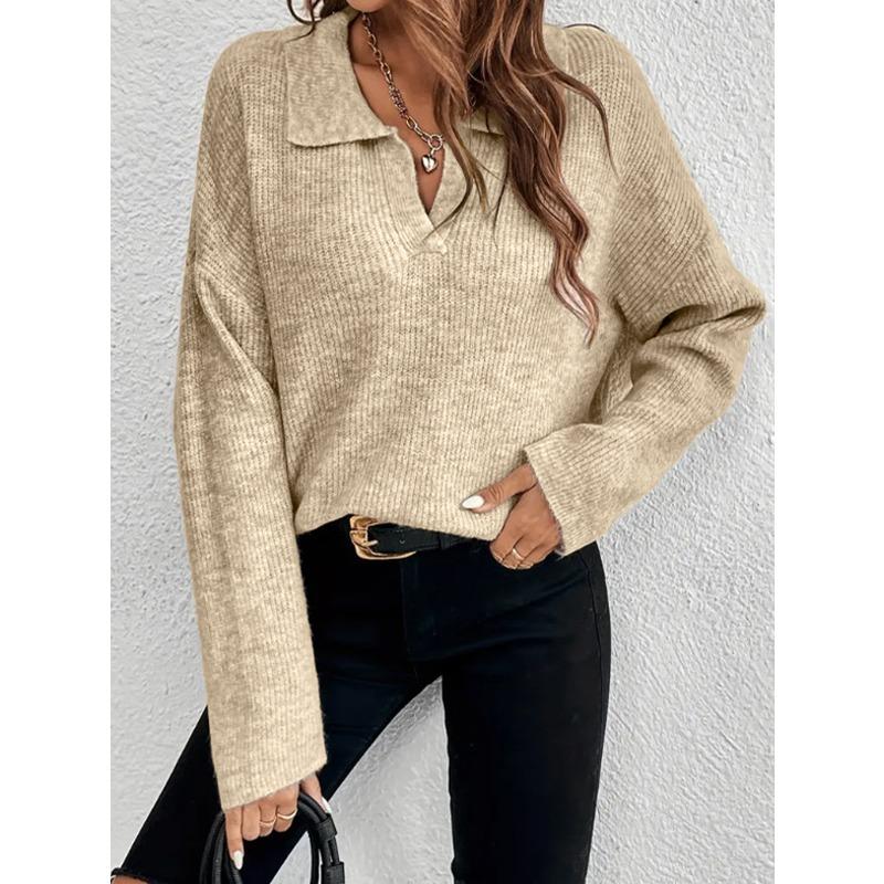 VEZFAA Women's Fashion Casual Fall Winter Solid Color Print Long Sleeve POLO Neck Sweaters