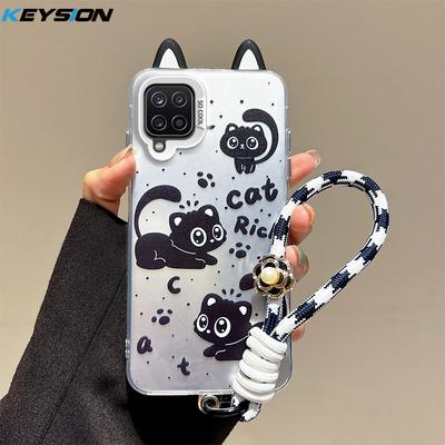 KEYSION Cute Ear Cartoon Case for Samsung A12 with Lanyard Soft Silicone+PC Shockproof Phone Back Cover for Galaxy M12
