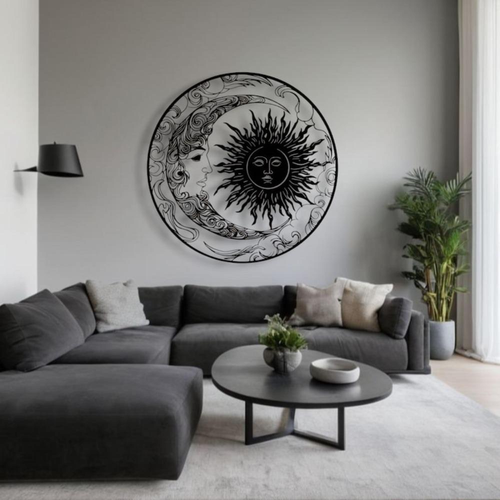Metal Wall Art Sun and Moon Laser Cut Black Steel Home Decor Modern Design